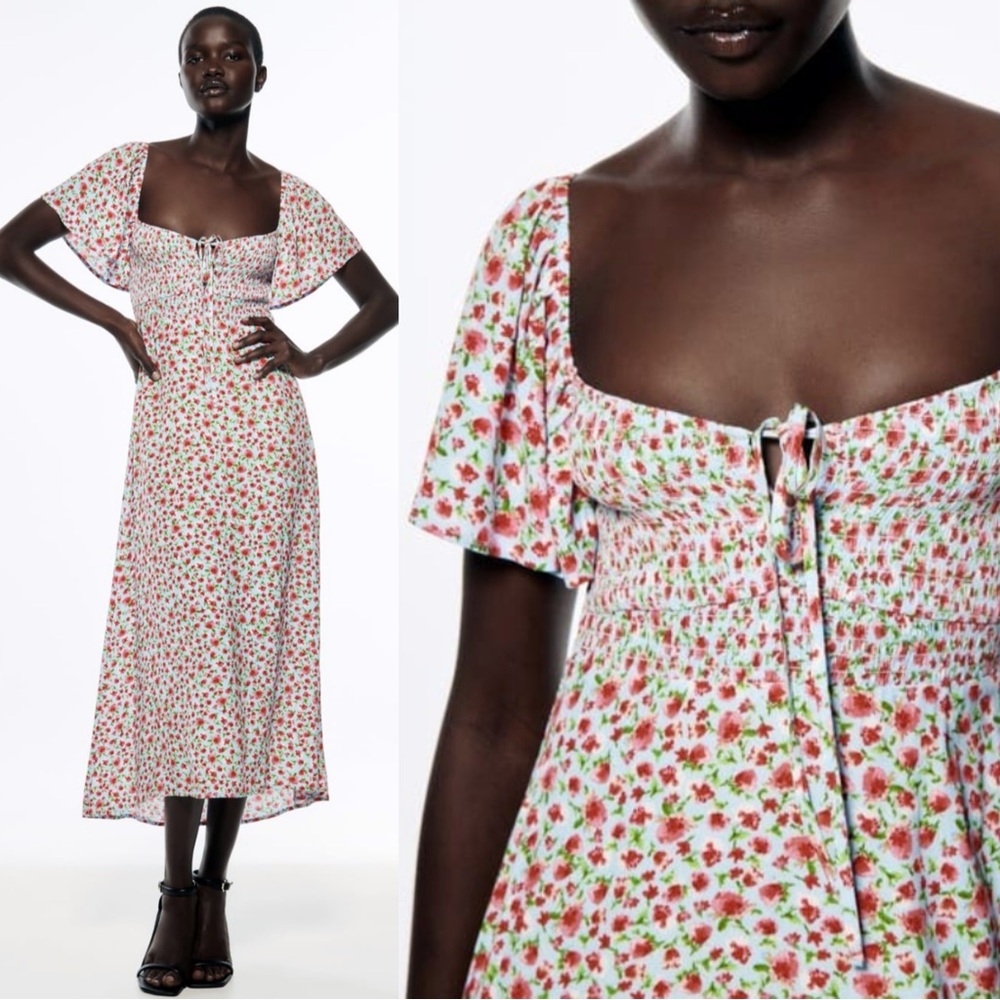ZARA Bitsy Floral Jardin Print Milkmaid Midi Dress M - Picture 1 of 9